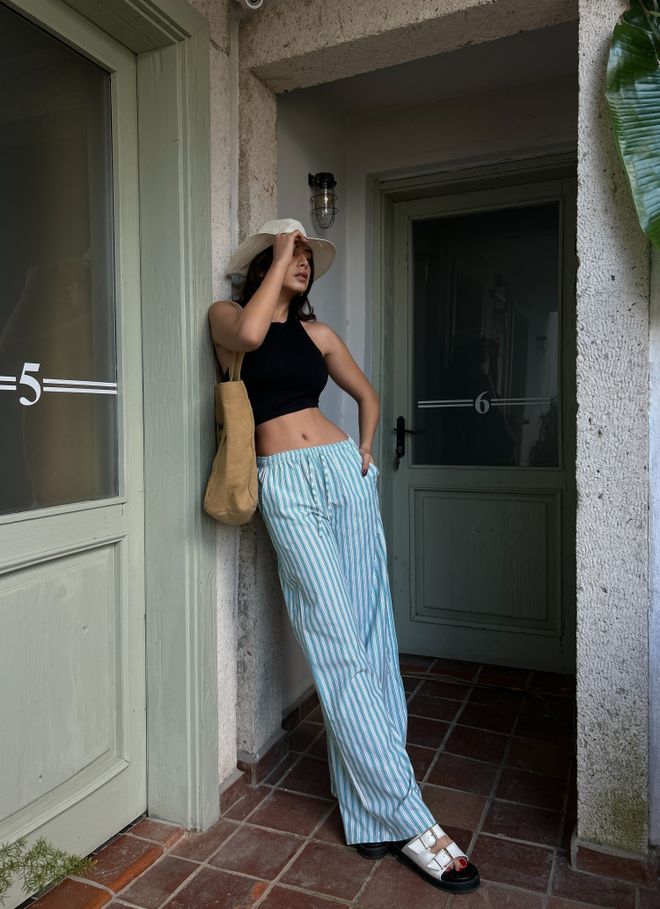 First Angels Green Striped Elastic Wide Cut Pants 29058 Wholesale Clothing Polyester