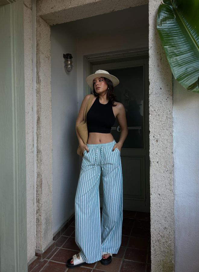 First Angels Green Striped Elastic Wide Cut Pants 29058 Wholesale Clothing Summer