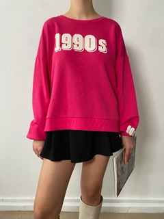 A wholesale clothing model wears fan10020-fuchsia-oversize-printed-sweatshirt, Turkish wholesale Sweatshirt of First Angels