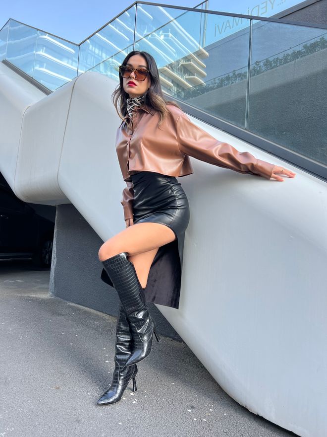 First Angels Camel Crop Leather Shirt Wholesale Clothing Casual