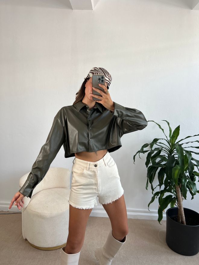 First Angels Khaki Crop Leather Shirt Wholesale Clothing Casual