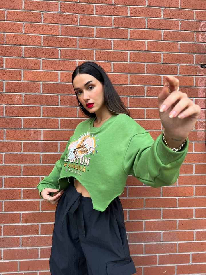 A wholesale clothing model wears fan10053-castle-green-two-thread-printed-crop-sweatshirt, Turkish wholesale Sweatshirt of First Angels