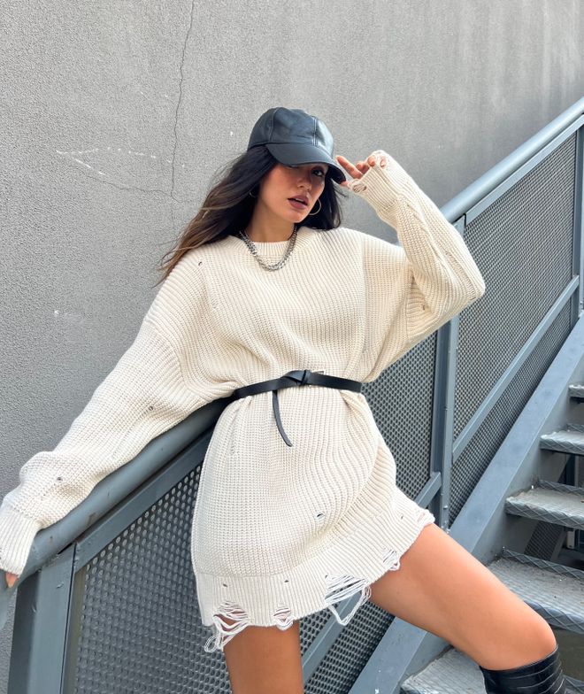 First Angels Stone Long Ripped Oversize Knitwear Sweater Wholesale Clothing Acrylic