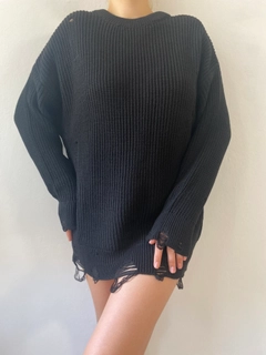 A wholesale clothing model wears fan10159-black-long-ripped-oversize-knitwear-sweater, Turkish wholesale Sweater of First Angels