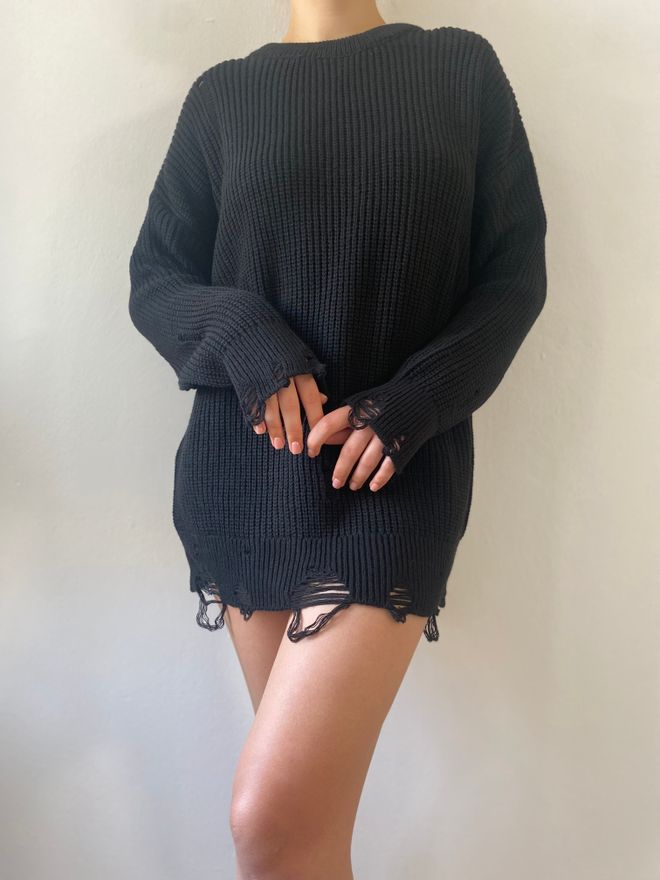 First Angels Black Long Ripped Oversize Knitwear Sweater Wholesale Clothing Acrylic