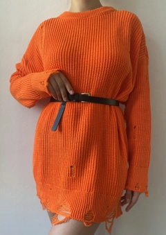 A wholesale clothing model wears fan10161-orange-long-ripped-oversize-knitwear-sweater, Turkish wholesale Sweater of First Angels