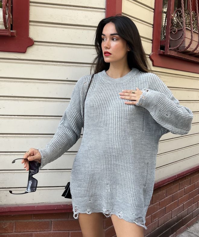 First Angels Gray Long Ripped Oversize Knitwear Sweater Wholesale Clothing Acrylic