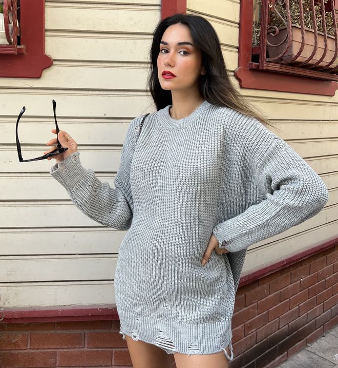 First Angels Gray Long Ripped Oversize Knitwear Sweater Wholesale Clothing Work