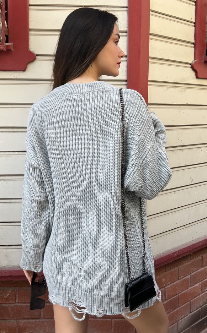 First Angels Gray Long Ripped Oversize Knitwear Sweater Wholesale Clothing Fall