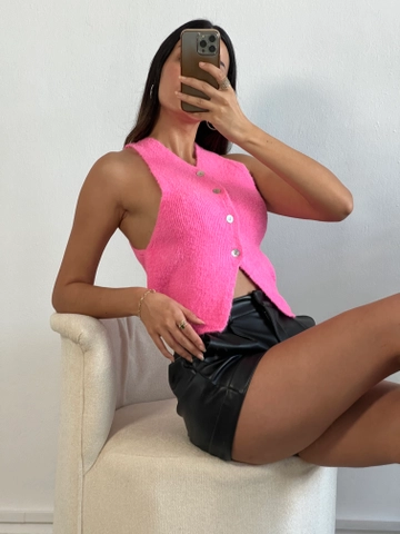 A wholesale clothing model wears  Pink Boucle Lycra Knitwear Vest
, Turkish wholesale Vest of First Angels