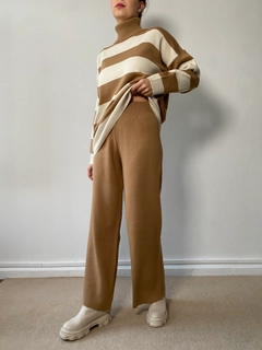 A wholesale clothing model wears fan10197-camel-turtleneck-striped-knitwear-set, Turkish wholesale Suit of First Angels
