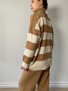 A wholesale clothing model wears fan10197-camel-turtleneck-striped-knitwear-set, Turkish wholesale Suit of First Angels