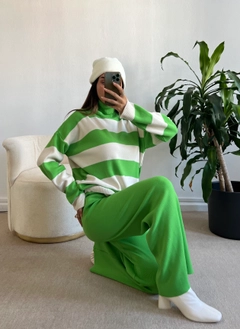 A wholesale clothing model wears fan10199-light-green-turtleneck-striped-knitwear-set, Turkish wholesale Suit of First Angels