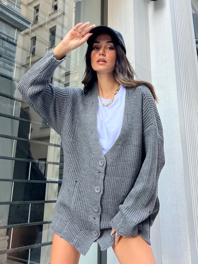 First Angels Cardigan dettagliato strappato grigio Abbigliamento all'ingrosso Casuale