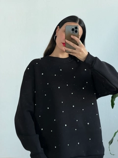 A wholesale clothing model wears fan10217-black-stone-embroidered-oversize-sweatshirt, Turkish wholesale Sweatshirt of First Angels