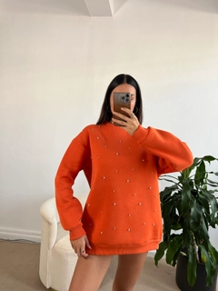 A wholesale clothing model wears fan10218-orange-stone-embroidered-oversize-sweatshirt, Turkish wholesale Sweatshirt of First Angels