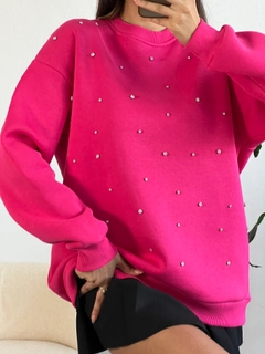 A wholesale clothing model wears fan10220-fujya-stone-embroidered-oversize-sweatshirt, Turkish wholesale Sweatshirt of First Angels