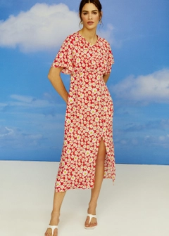 عارض ملابس بالجملة يرتدي 9946 - Daisy Patterned Mid Dress - Red، تركي بالجملة فستان من Fk.Pynappel