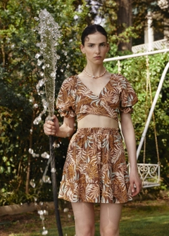 Ένα μοντέλο χονδρικής πώλησης ρούχων φοράει 16316 - Linen Patterned Set - Brown, τούρκικο Ταγέρ χονδρικής πώλησης από Fk.Pynappel