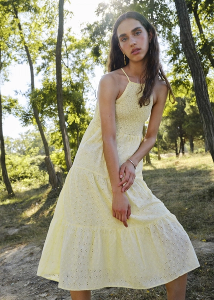 A model wears 10059 - Giped Detailed Embroidery Dress - Yellow, wholesale Dress of Fk.Pynappel to display at Lonca