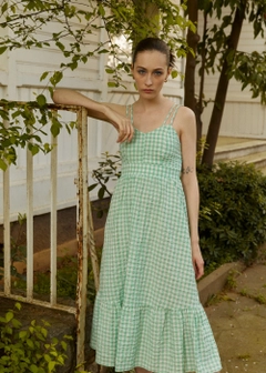 A wholesale clothing model wears 12955 - Double Strap Plaid Dress - Mint Green, Turkish wholesale Dress of Fk.Pynappel