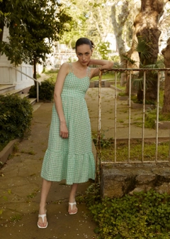 Ein Bekleidungsmodell aus dem Großhandel trägt 12955 - Double Strap Plaid Dress - Mint Green, türkischer Großhandel Kleid von Fk.Pynappel