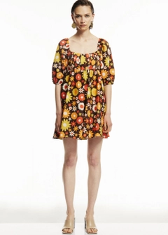 عارض ملابس بالجملة يرتدي 12965 - Balloon Sleeve Mini Dress - Brown، تركي بالجملة فستان من Fk.Pynappel