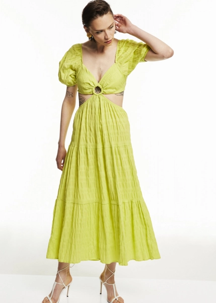 A model wears 12972 - Ring Buckle Detailed Dress - Lime, wholesale Dress of Fk.Pynappel to display at Lonca