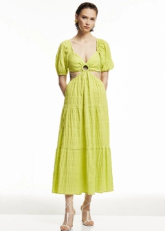 A wholesale clothing model wears 12972 - Ring Buckle Detailed Dress - Lime, Turkish wholesale Dress of Fk.Pynappel