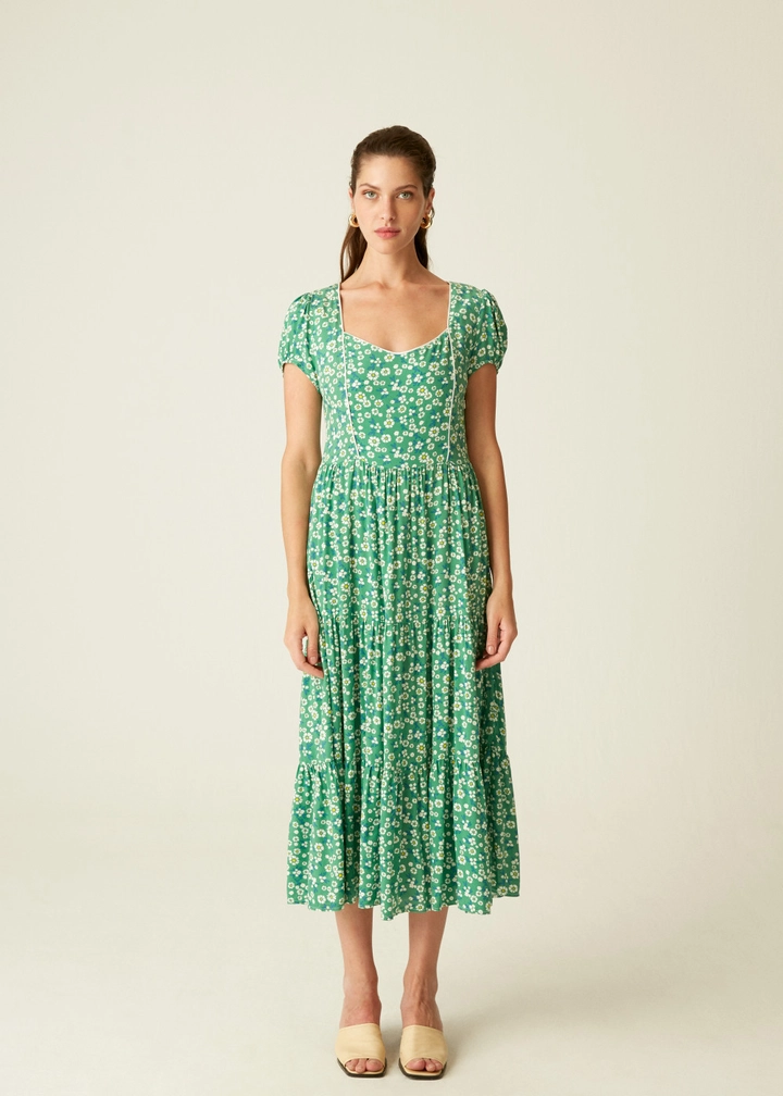 Una modelo de ropa al por mayor lleva 15632 - Flower Pattern Dress - Green, Vestido turco al por mayor de Fk.Pynappel