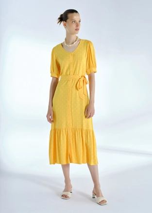 A model wears 28444 - Anchor Print Midi Dress - Yellow, wholesale Dress of Fk.Pynappel to display at Lonca