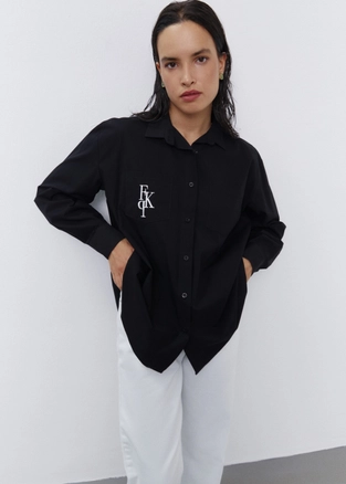 A model wears 21546 - Embroidered Detailed Oversize Shirt - Black, wholesale Shirt of Fk.Pynappel to display at Lonca
