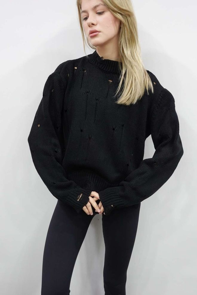 Ilia Ripped Detail Knitwear Sweater Black Wholesale Clothing Work