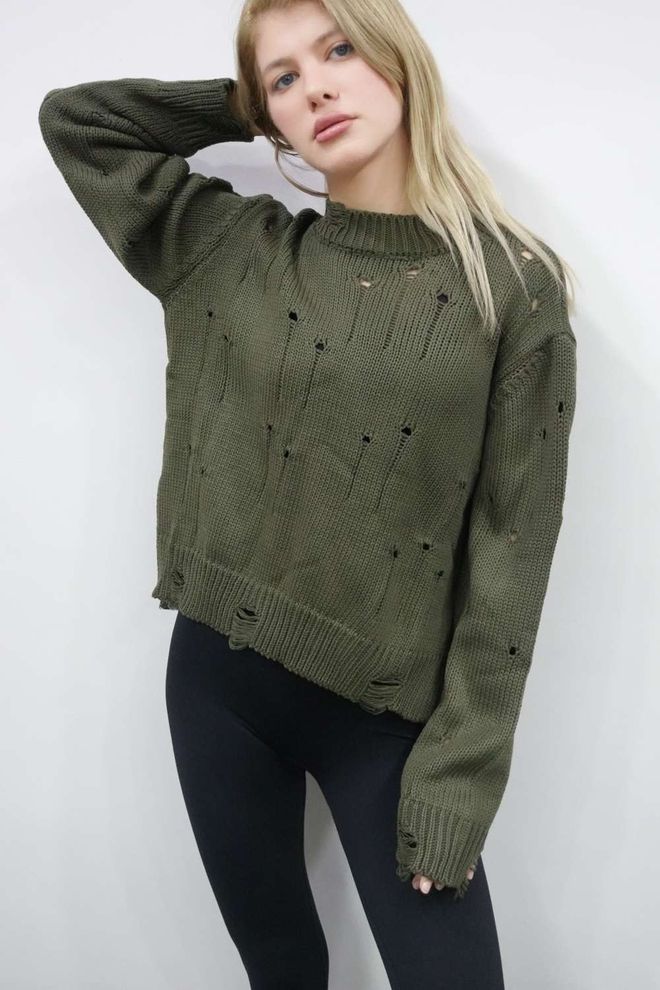 Ilia Ripped Detail Knitwear Sweater Khaki Wholesale Clothing Cotton