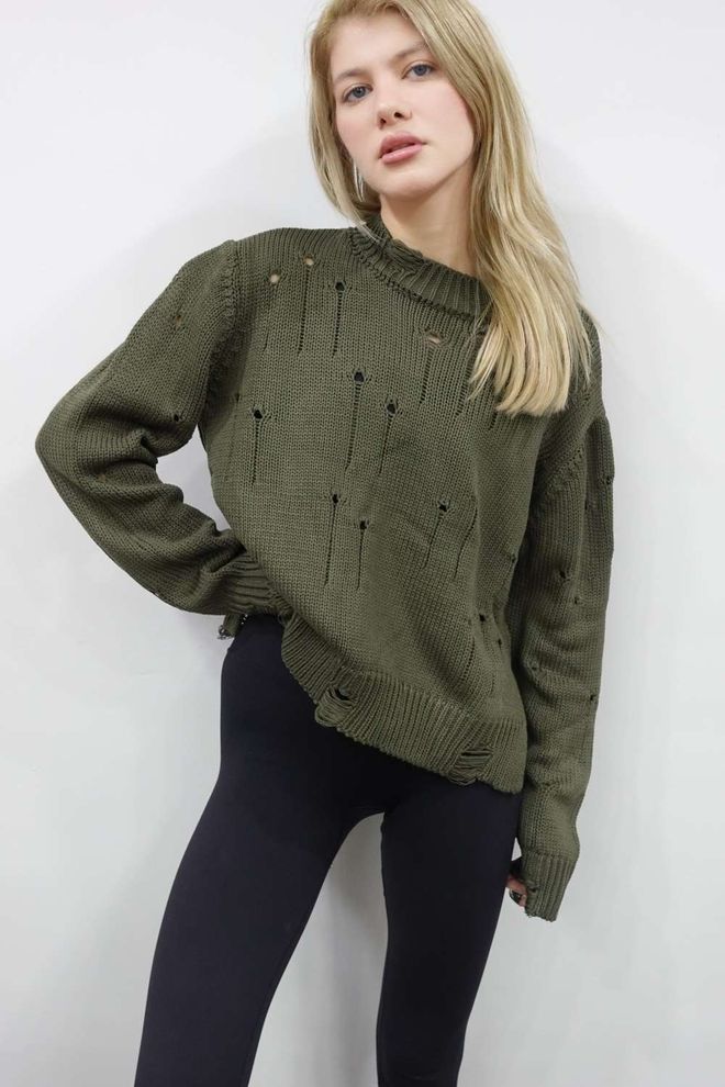 Ilia Ripped Detail Knitwear Sweater Khaki Wholesale Clothing Work