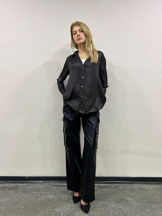 Ilia Camisa De Cetim Preta Roupas por atacado Elegante