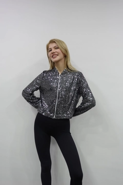 A wholesale clothing model wears flw10086-silver-sequin-jacket, Turkish wholesale Jacket of Flow