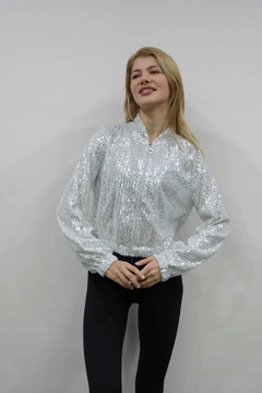 A wholesale clothing model wears flw10087-sequin-jacket-white, Turkish wholesale Jacket of Flow