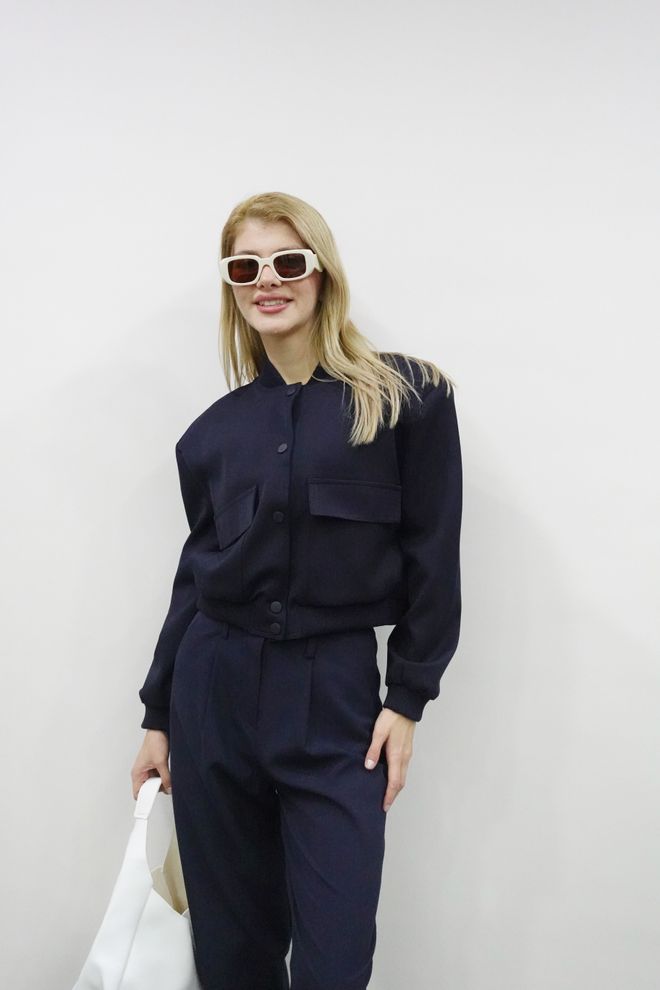 Ilia Padded Bomber Jacket Navy Blue Wholesale Clothing Cotton