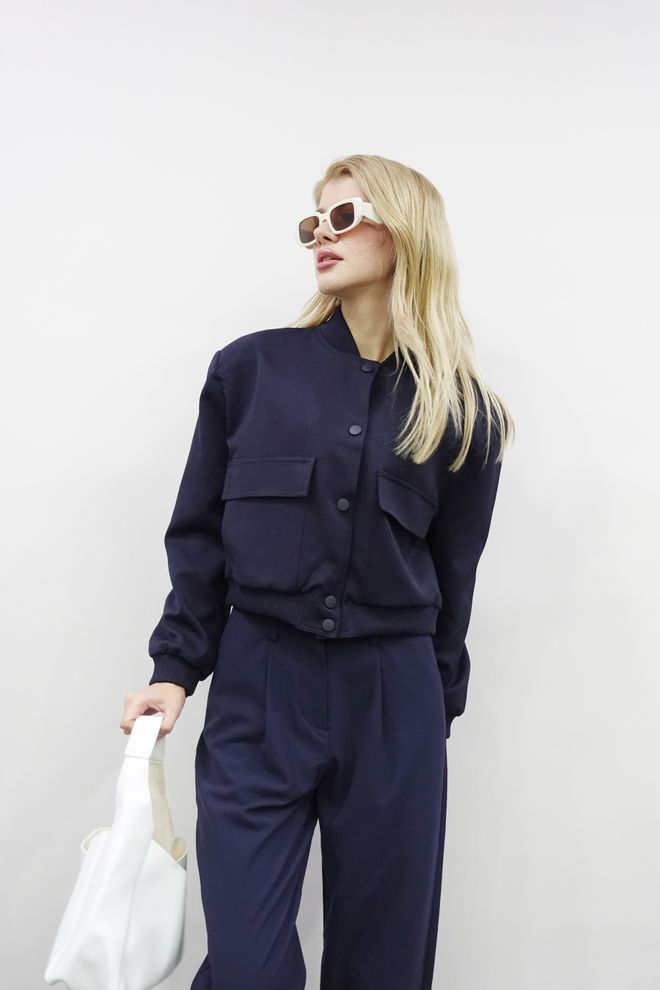 Ilia Padded Bomber Jacket Navy Blue Wholesale Clothing 2