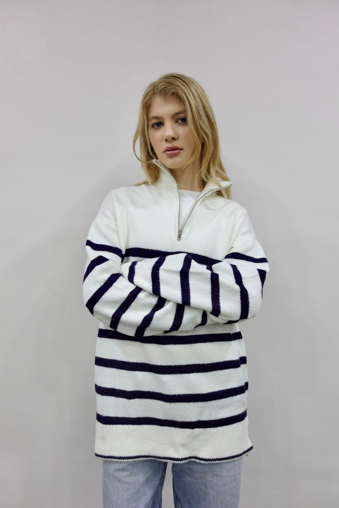 Ilia Striped Zippered Sweater Ecru Wholesale Clothing Acrylic