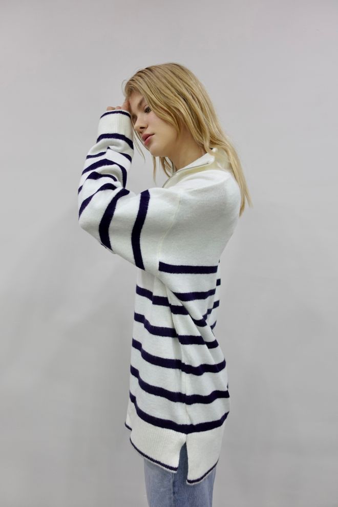 Ilia Striped Zippered Sweater Ecru Wholesale Clothing Work