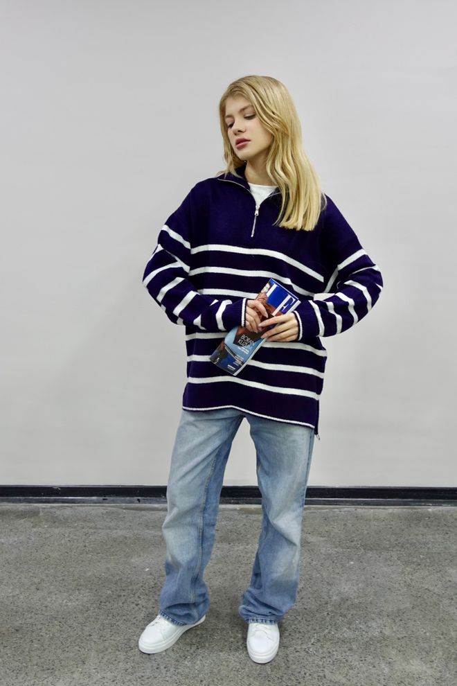 Ilia Maglione A Righe Con Cerniera Blu Navy Abbigliamento all'ingrosso Casuale