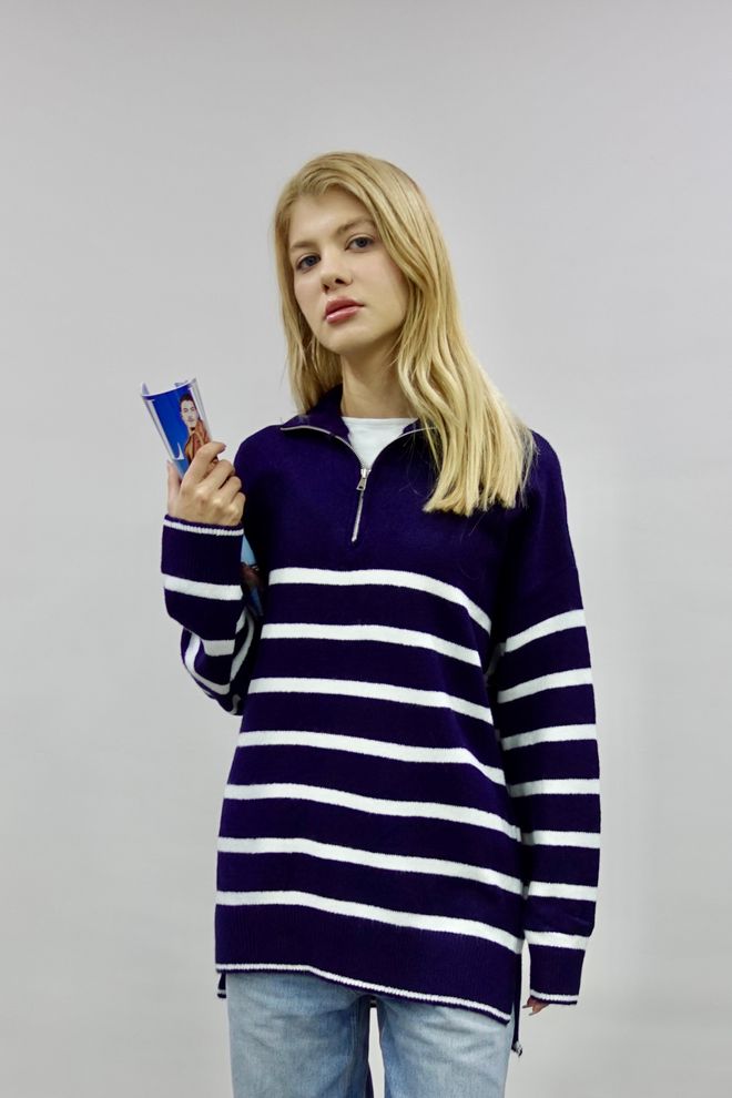 Ilia Striped Zippered Sweater Navy Blue Wholesale Clothing Acrylic