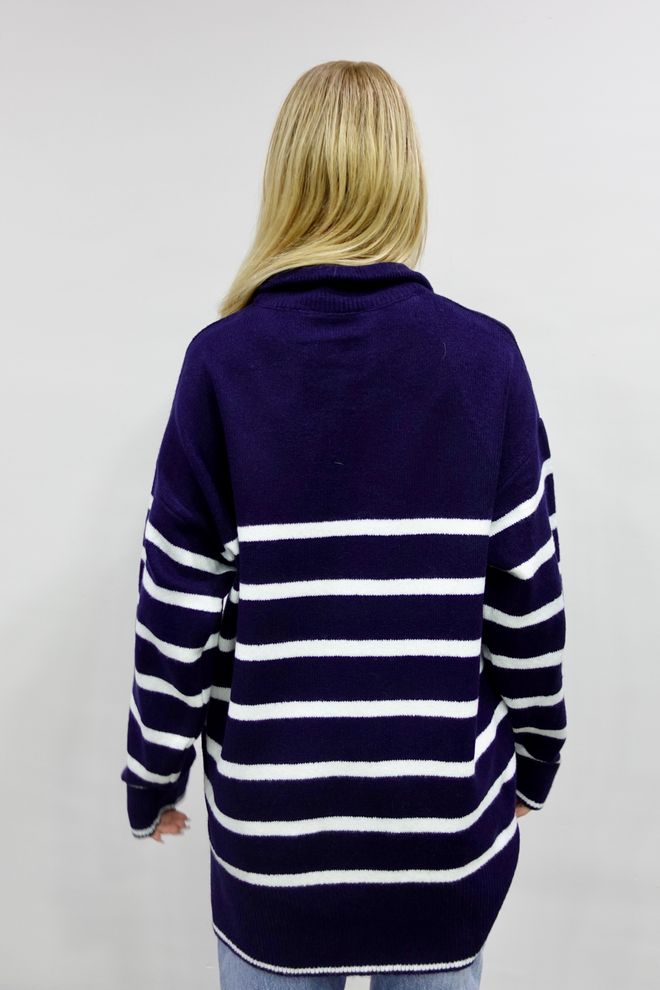 Ilia Striped Zippered Sweater Navy Blue Wholesale Clothing Fall
