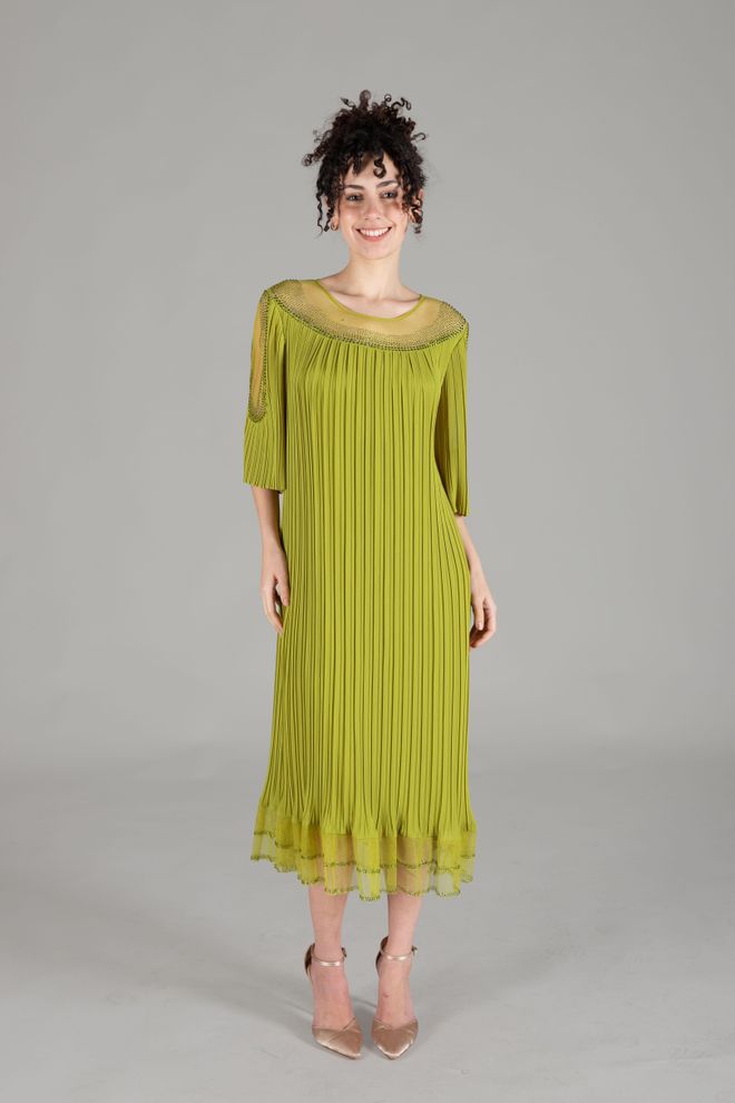 GUMANIZE Πέτρινο Πλισέ Φόρεμα Με Οβάλ Γιακά Πράσινο Χονδρικό εμπόριο ενδυμάτων Κομψό