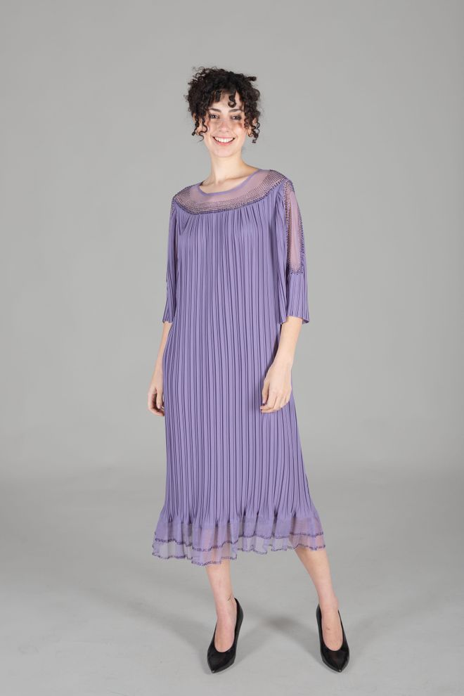 GUMANIZE Robe Plissée En Pierre À Col Ovale Vêtements en gros Élégant