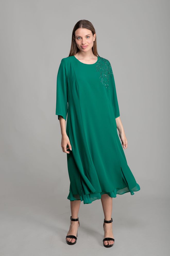 GUMANIZE Cuff Round Neck Gown Dress Green Wholesale Clothing Elegant