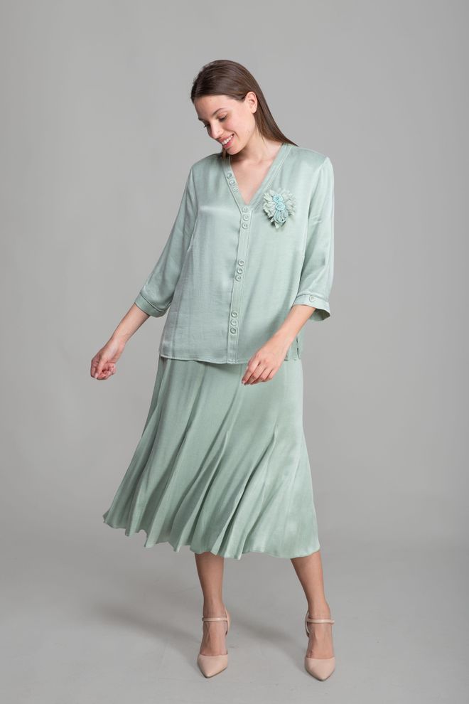 GUMANIZE Conjunto Cupro Com Botões De Decote Em V Mint Roupas por atacado Elegante