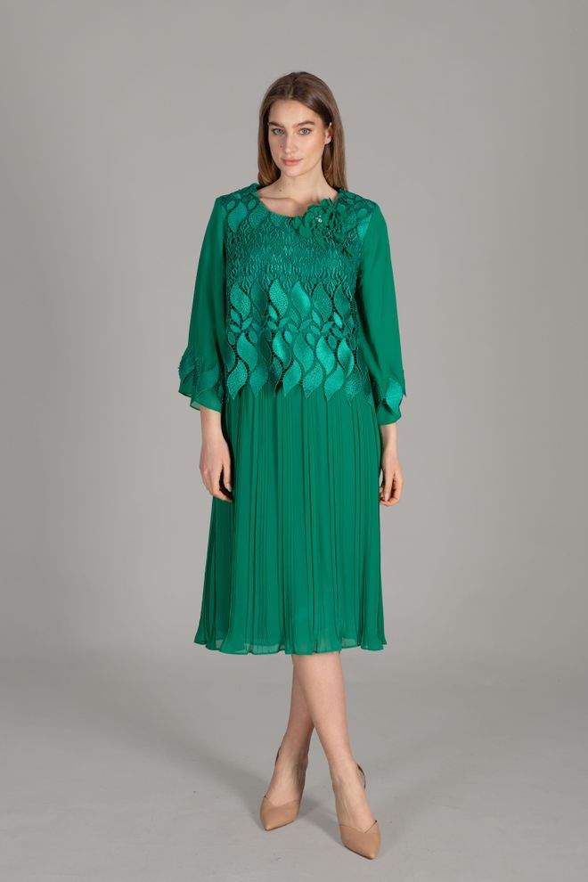 GUMANIZE Round Neck Guipure And Pleated Chiffon Dress Wholesale Clothing Elegant